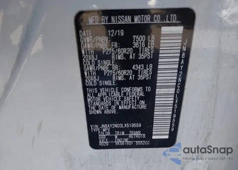 2020 Nissan Armada Sl 4Wd z USA, uszkodzony, nr VIN JN8AY2NC0LX519559